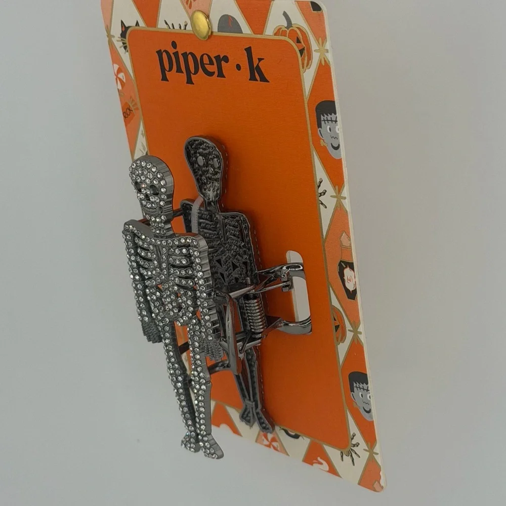 Piper K Halloween Skeleton Hair Claw Clip Silver Tone Rhinestones